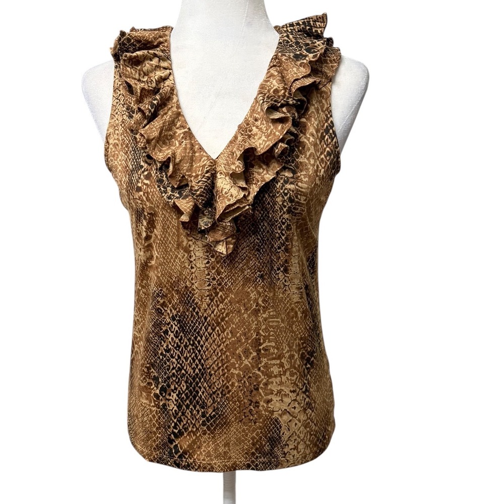 NWT Lauren Ralph Lauren Brown Snakeskin Ruffle V-Neck Top Animal Print Womens PS